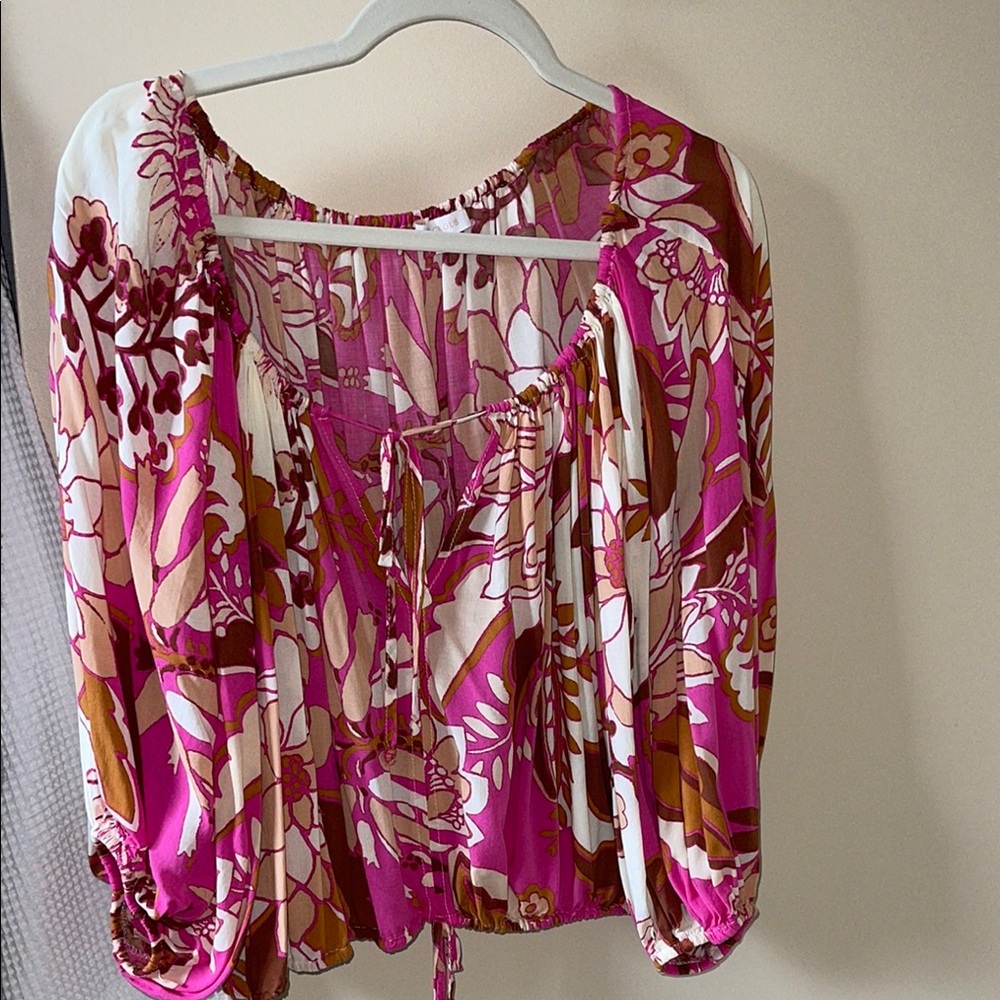 Olivaceous Pink Tie Front 3/4 Sleeve Blouse